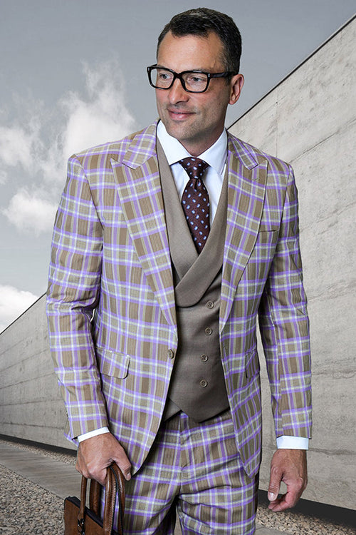 Men's Designer One Button Peak Lapel Italian Wool Suit with Double Breasted Vest in Taupe Plaid