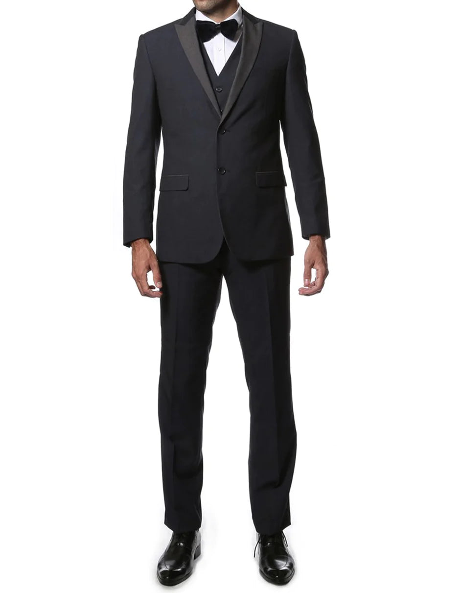 Mens Navy Blue Wedding Tuxedo - Dark Blue Tuxedo Suit" Navy Vested Peak Tuxedo - 34 Short