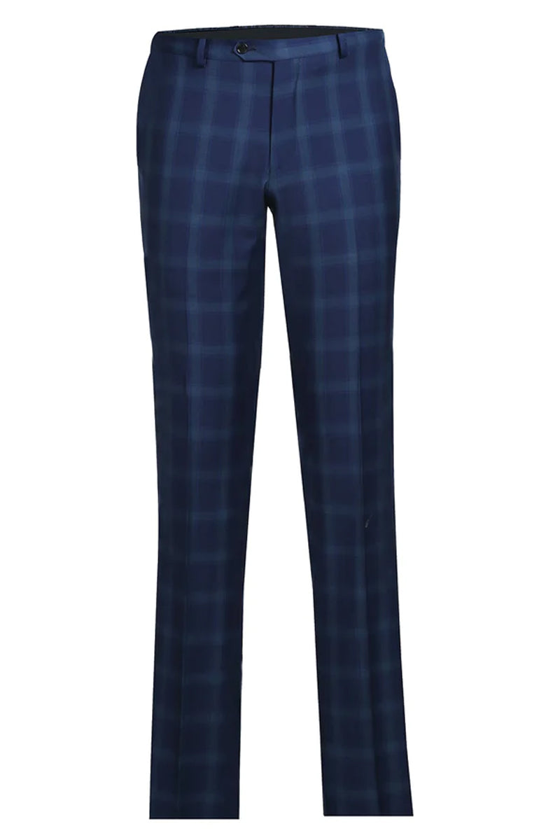 "Classic Fit Two Button Wool Suit for Men - Dark Royal Blue Windowpane Plaid" - 34 Short