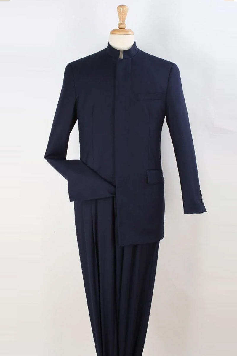 "Navy Men's Suit with Mandarin Banded Collar & French Front"