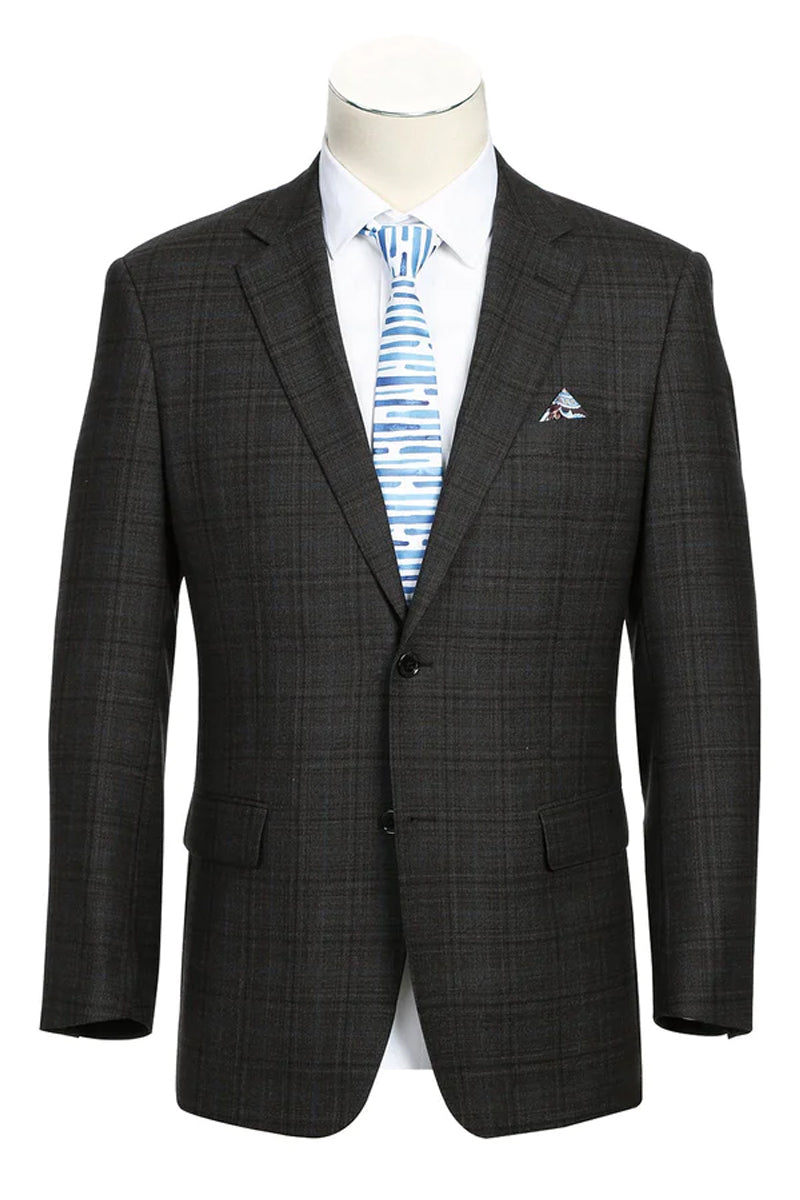 "Classic Fit Men's Wool Blazer - Dark Brown Windowpane Plaid, Two-Button Sport Coat"