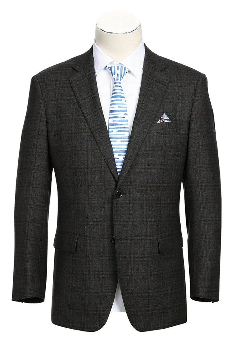 "Classic Fit Men's Wool Blazer - Dark Brown Windowpane Plaid, Two-Button Sport Coat" - 34 Short