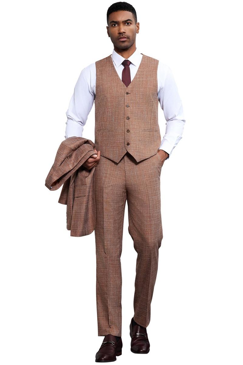 Men's Stacy Adams Vested Sharkskin Weave Pattern Suit in Light Rust - 38 Regular