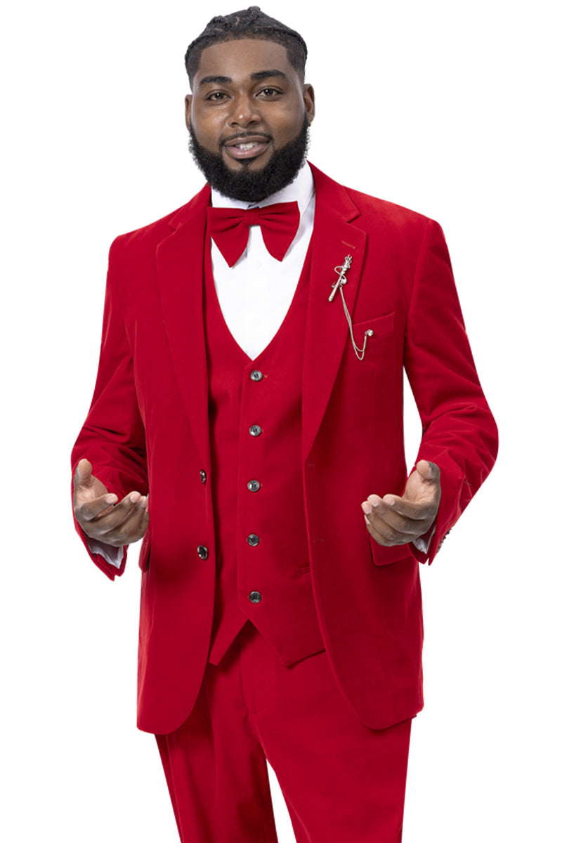 "Red Velvet Two-Button Vested Suit for Men - Elegant Formal Wear"