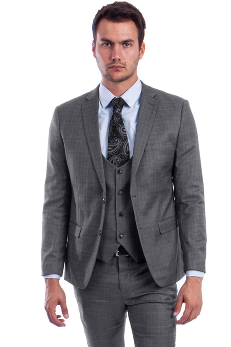 "Grey Plaid Skinny Fit Men's Suit with Two-Button Vest - Low Cut"