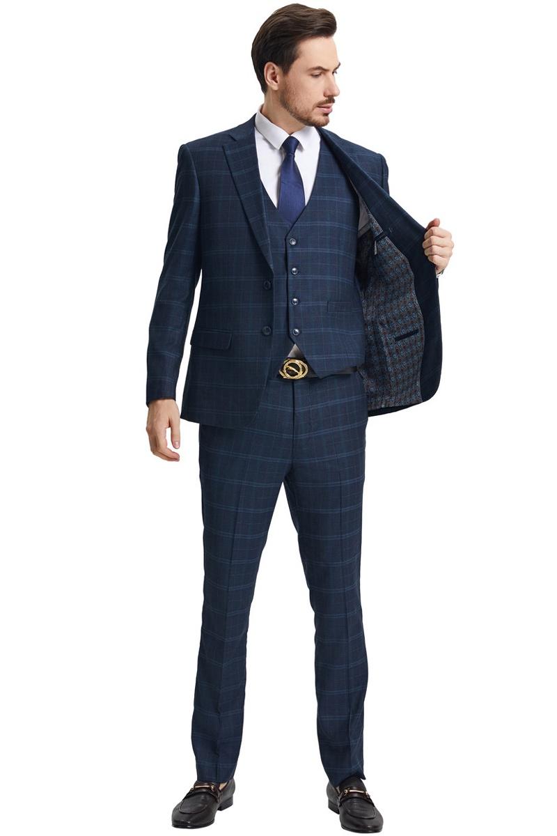 Men's Stacy Adams Vested Modern Fit Windowpane Plaid Suit in Navy Blue - 38 Regular