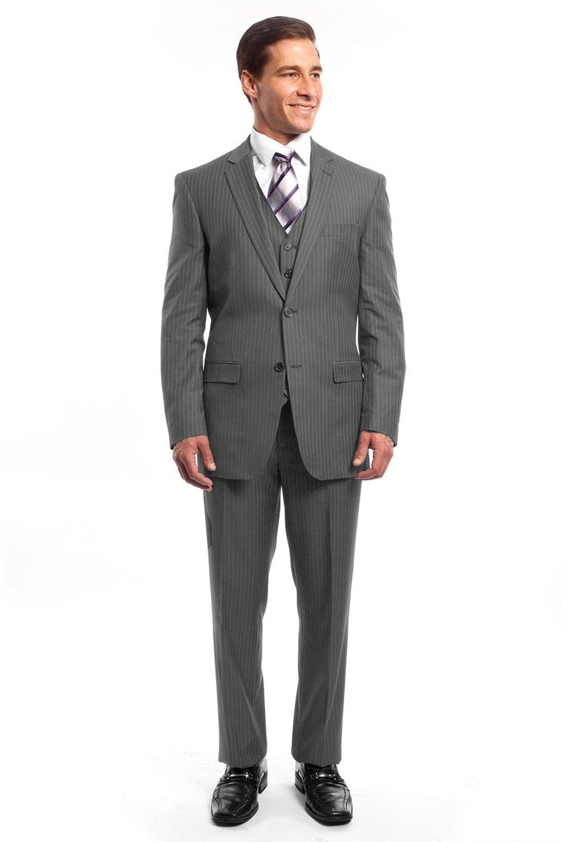 Pinstripe Men's Business Suit - Light Grey Two Button Vested Style