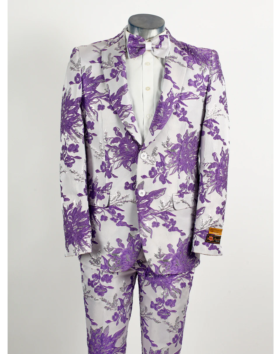 Best Mens 2 Button White & Lavender Purple Floral Paisley Prom and Wedding Tuxedo - For Men  Fashion Perfect For Wedding or Prom or Business  or Church