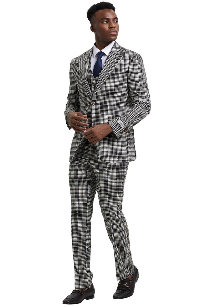 Men's Stacy Adams Vested Modern Fit Houndstooth Glen Plaid Suit in Grey & Green - 38 Regular