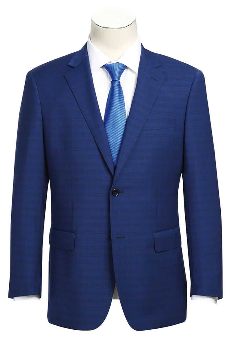 "Classic Fit Men's Wool Suit - Dark Blue Windowpane Plaid Check"