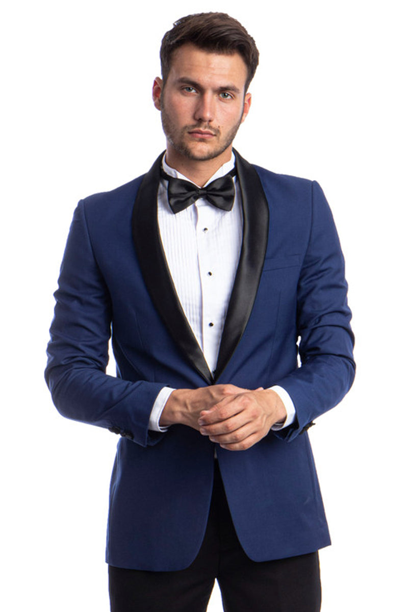 "Blue Men's Skinny Fit Shawl Tuxedo - One Button Prom 2025 Suit" - 34 Short