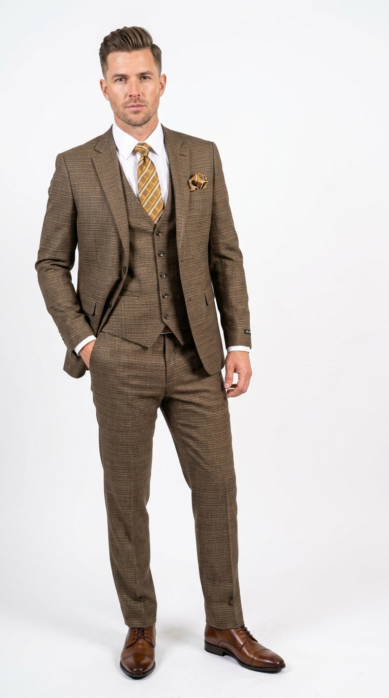 Men's Great Gatsby Brown Checker Plaid Texture 3-Piece Suit β Classic Fit Business, Wedding & Formal Suit Set - Victorian style 1920s