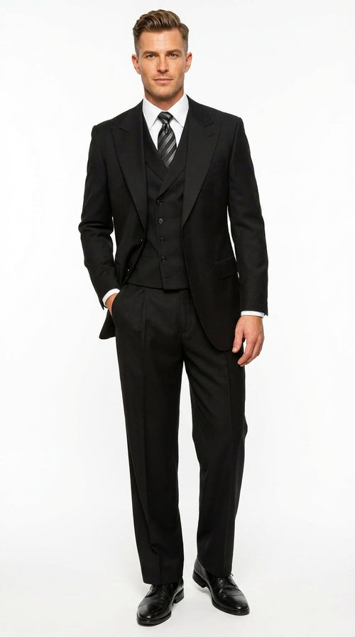 Tiglio Mens Black 3 Piece Suit β Single Button Classic Fit Pleated Wide Leg Pants Formal Business Chruch Suit - 100% Wool