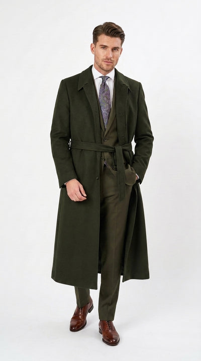 Men’s Blade Runner K Inspired Olive Green Wool Duster Coat – Long Vintage Sci-Fi Overcoat