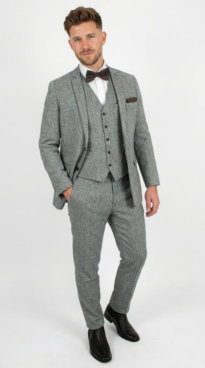 Men’s Grey Edwardian 3 Piece Suit – Vintage Victorian Wedding Suit with Vest Herringbone Tweed Fabric