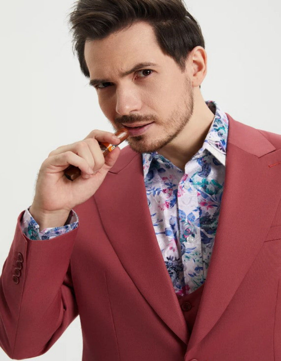 Men's One Button Peak Lapel Side Vent Flat Front Pant Suit in Coral Blush Pink - Coat Size 38