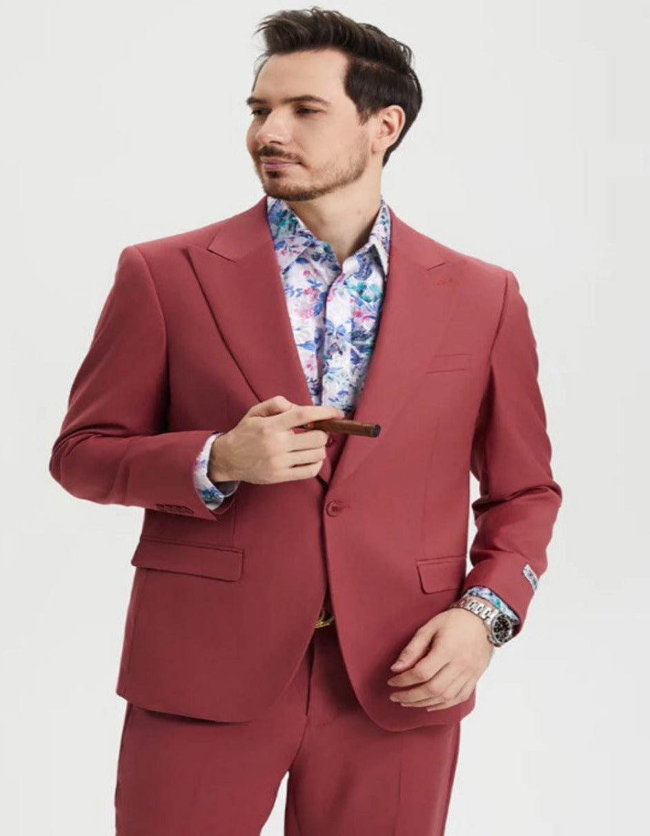 Men's One Button Peak Lapel Side Vent Flat Front Pant Suit in Coral Blush Pink - Coat Size 38