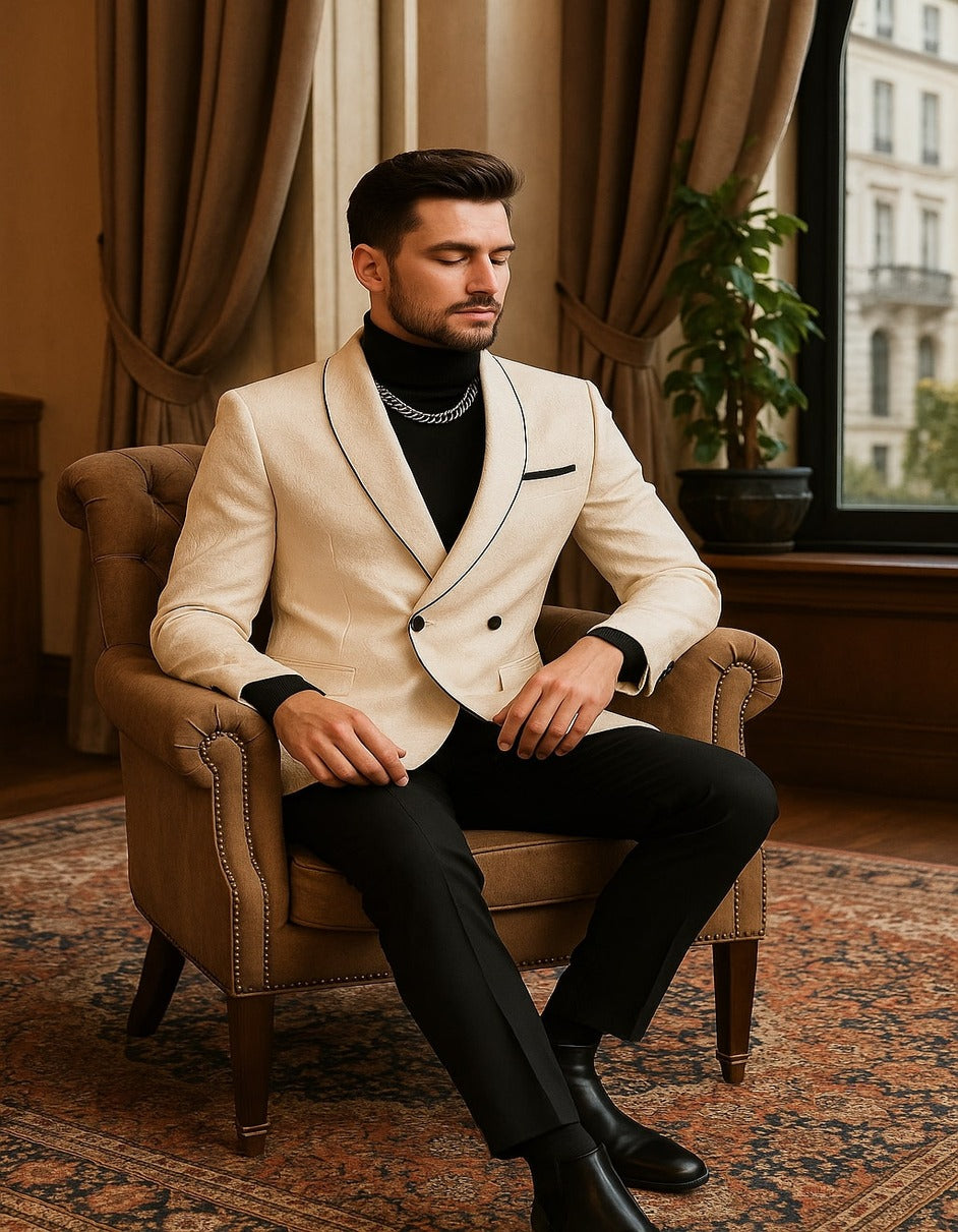 38 Mens Cream Jacquard Double-Breasted Tuxedo with Black Trim - Formal Blazer for Weddings & Events Ivory Color 38 Mens Cream Jacquard Double-Breasted Tuxedo with Black Trim - Formal Blazer for Weddings & Events Ivory Color