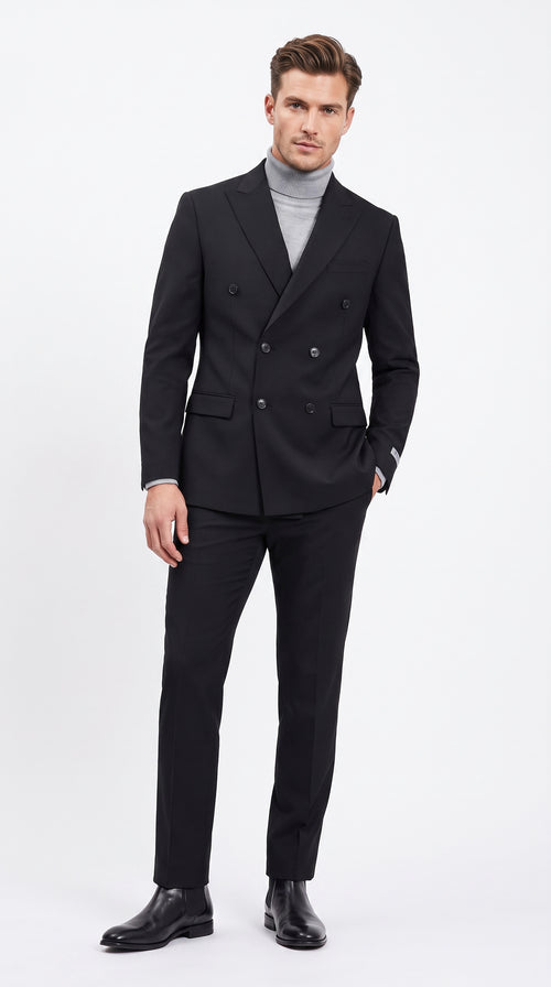 Men's Designer Stacy Adams Classic Double Breasted Suit in Black Peak Lapel Slim fit