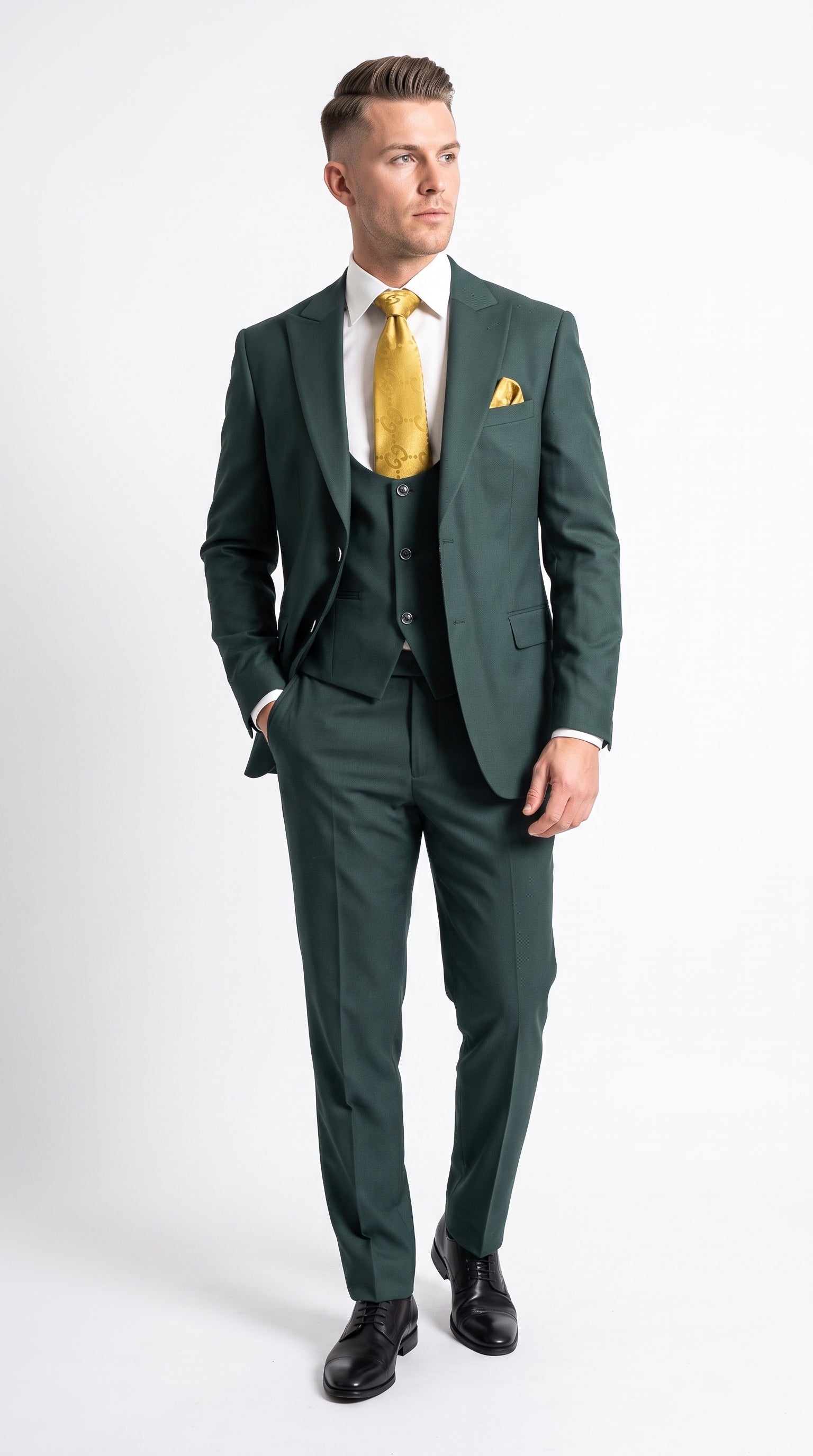 Mens Vitali 3 Piece Suit W/Scoop Vest Hunter Green 3-Piece Suit –, Big Peak Lapel Vest and Pants Modern Fit Two Buttons