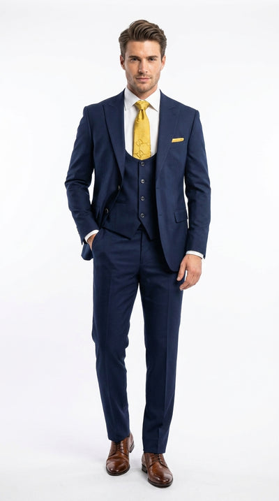 Mens Vitali 3 Piece Suit W/Scoop Vest Navy Blue 3-Piece Suit – Big Peak Lapel Vest and Pants Modern Fit Two Buttons