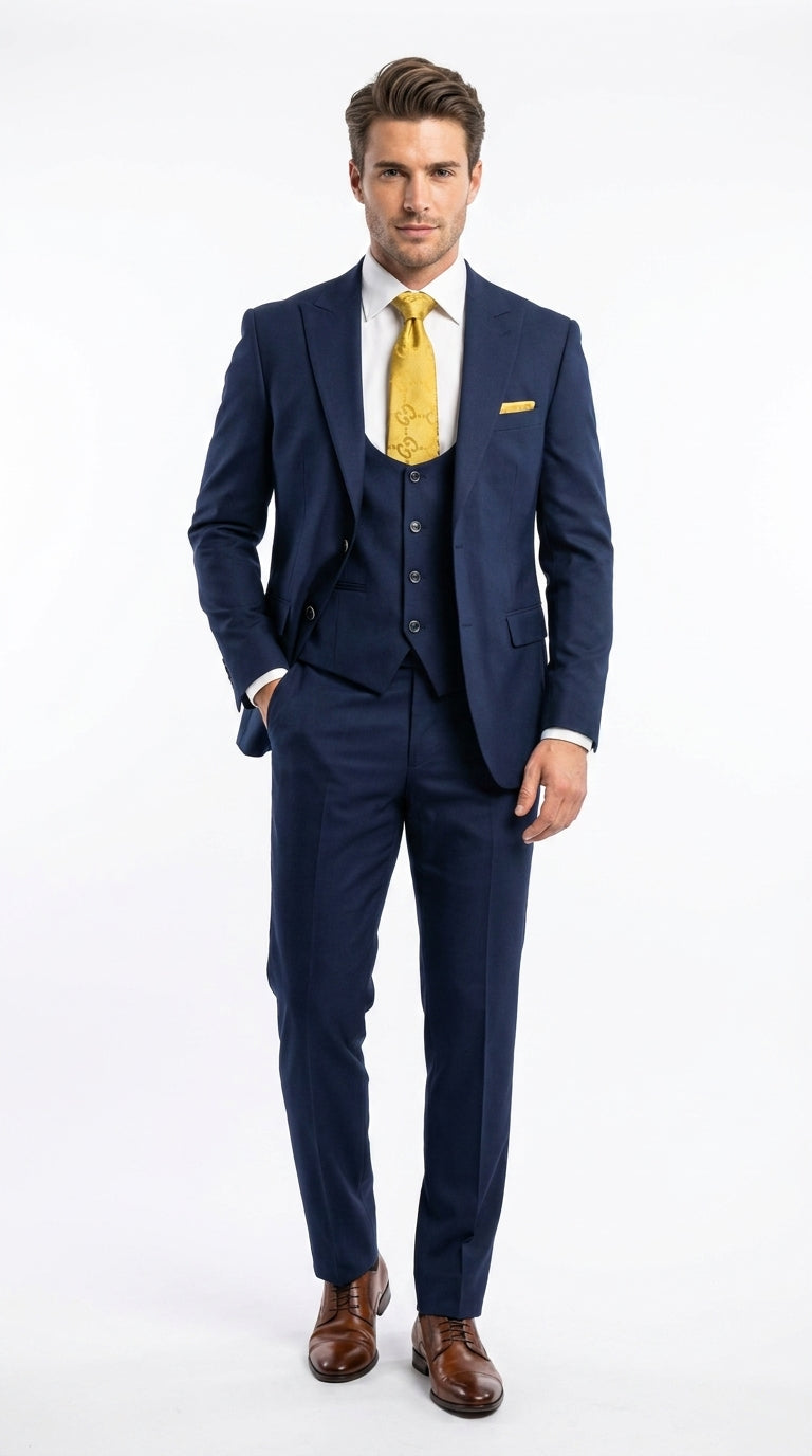 Mens Vitali 3 Piece Suit W/Scoop Vest Navy Blue 3-Piece Suit – Big Peak Lapel Vest and Pants Modern Fit Two Buttons