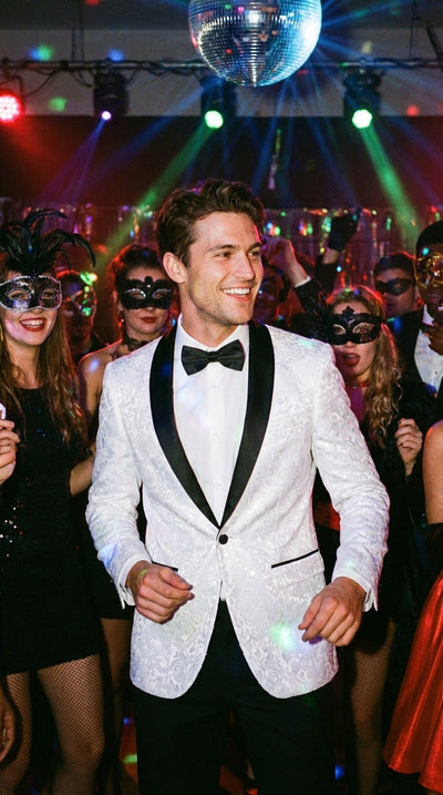 Menβs White Dinner Jacket Disco Blazer 1980s Sequin Style Jacket β Black Lapel Party Blazer, Formal Masquerade Club Wear Paisley Fabric + Bowtie