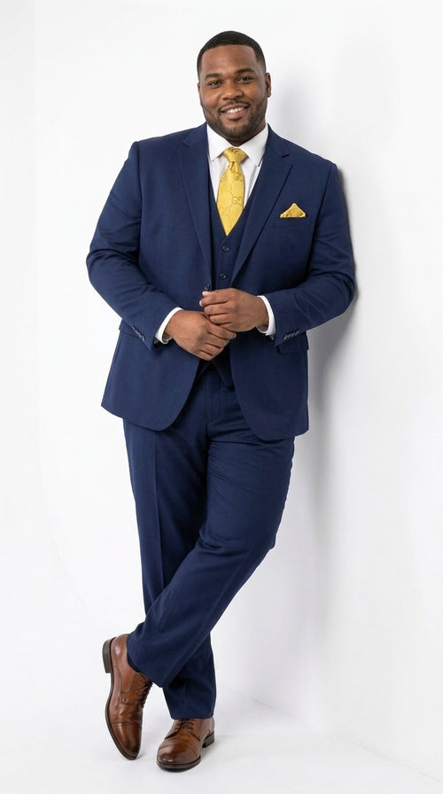 Mens Vitali 3 Piece Suit W/Scoop Vest Navy Blue 3-Piece Suit – Big Peak Lapel Vest and Pants Modern Fit Two Buttons