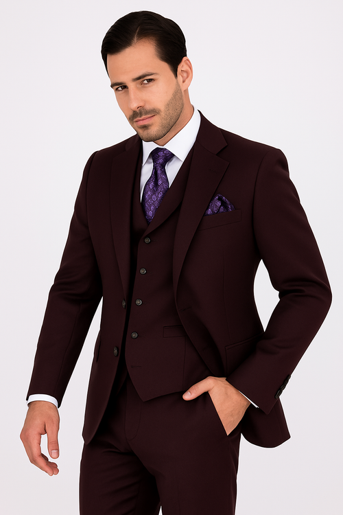 100 Percent Wool Fit Suit - Mens Wool Business EggplantSuits - New Arrival