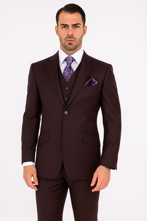 100 Percent Wool Fit Suit - Mens Wool Business EggplantSuits - New Arrival
