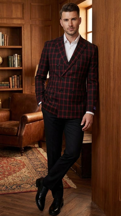 Mens Black and Red Check Double Breasted Blazer Sport Coat Jacket Windowpane Sportcoat Slim Fit
