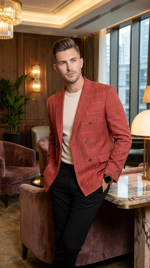 Men's Red Windowpane Plaid Double Breasted Suit – Modern Fit 2 Piece