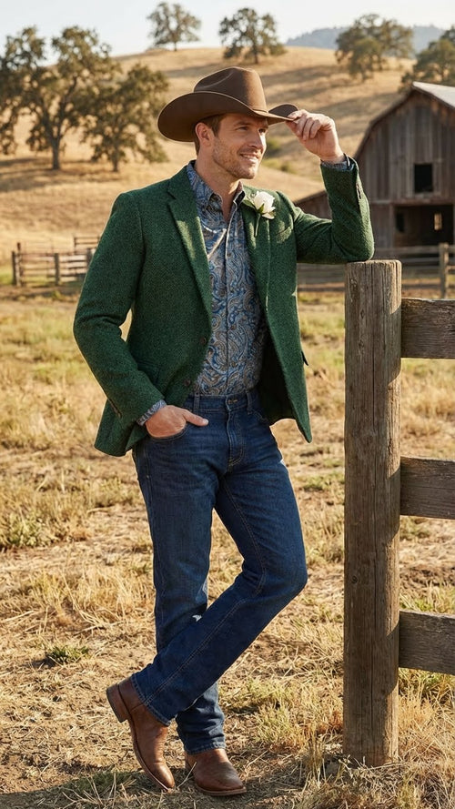 Mens Green Western Blazer Jacket Classic Cowboy Style Sport Coat for Wedding, Party and Formal Events