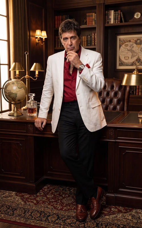 Tony Montana’s White Blazer Red Shirt Black Pants – Men’s White Blazer Outfit with Red Shirt and Black Trousers for Party, Wedding and Vintage Style Wear