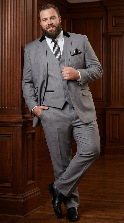 Men’s Light Gray Three Piece Suit with Black Chesterfield Collar – Classic Formal Wedding and Business Suit Set 1920s Vintage