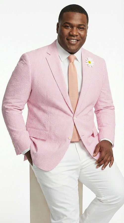 Mens Pink Seersucker Blazer – Lightweight Striped Summer Sport Coat Casual Smart Formal Jacket