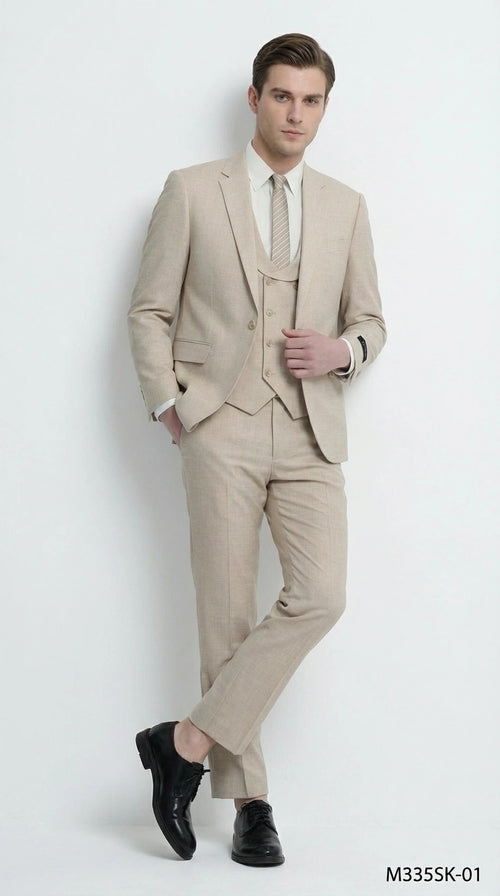 Mens Sand Beige 3 Piece Suit – Double breasted Vest Formal Suit Set and Dress Pants in Champaign Natural Summer Color