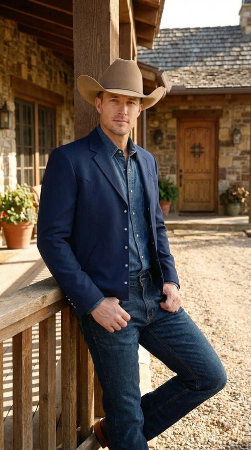 Mens Navy Blue Western Blazer Set Cowboy Style Jacket and Pants Outfit Classic Country Western Ensemble