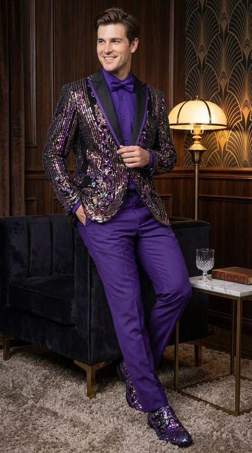Mens Mardi Gra Black and Purple and Gold Sequin Tuxedo Jacket Set – Designer with Floral Pattern Jacket Formal Wedding Party Wear Bowtie