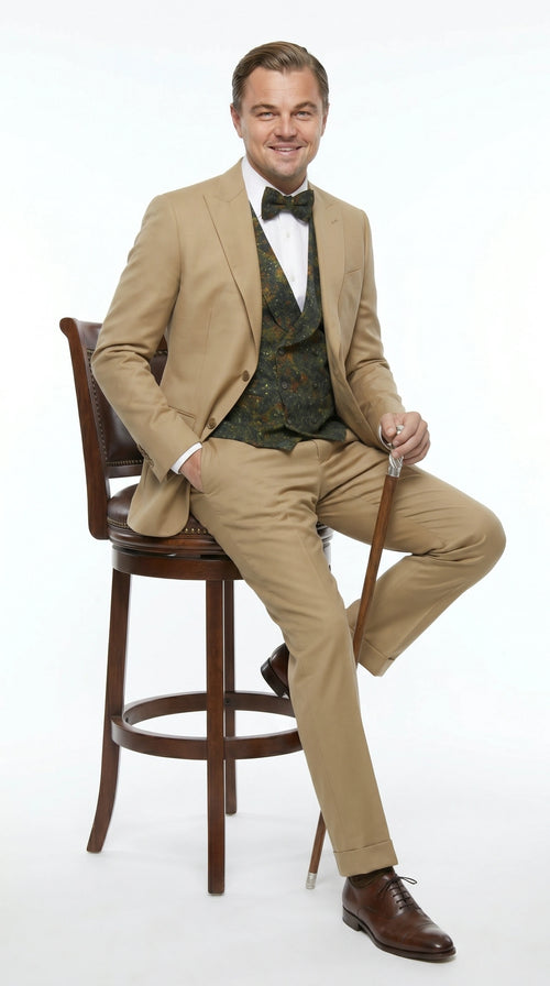 Men’s Khaki 3 Piece Suit with Patterned Vest, Great Gatsby Inspired Formal Suit for Weddings, Mardi Gra in Tan Camel Color
