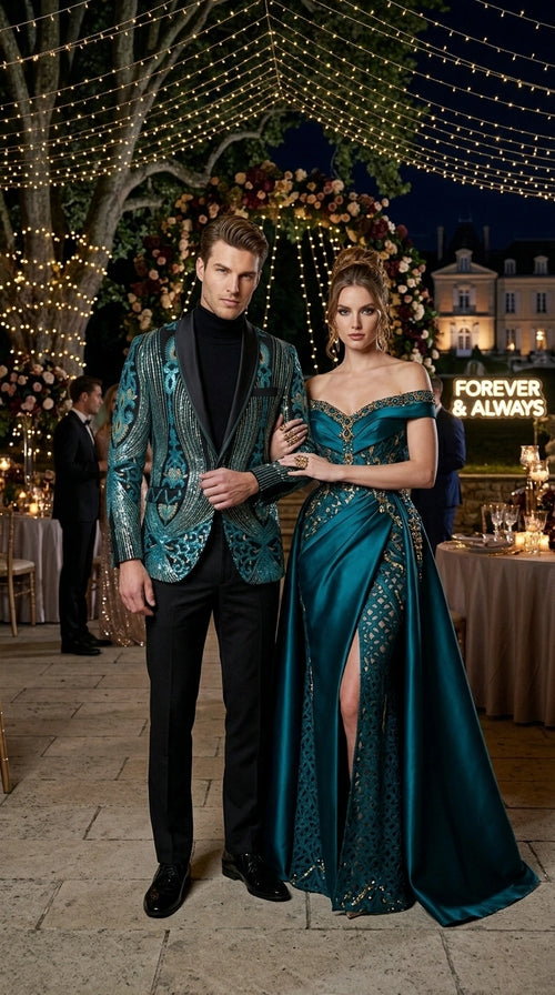 Men’s Black and Turquoise Blue With teal green Sequin Dinner Jacket, Formal Prom Wedding Paisley Floral Mardi Gra Pattern