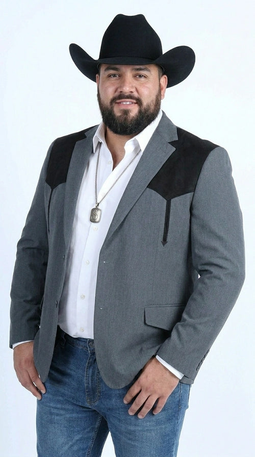Men’s Dark Charcoal Western Blazer with Black Suede Yokes, Cowboy Sport Coat for Ranch Wedding and Country Events By Platini