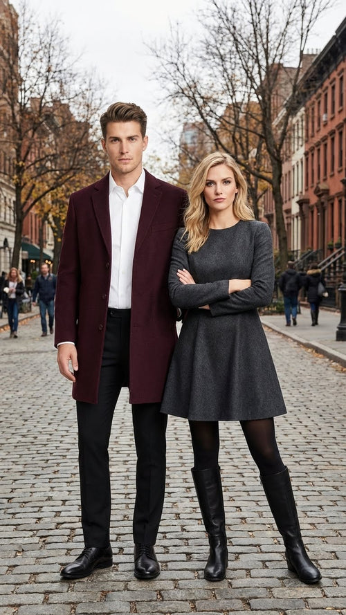 Mens Burgundy Mid-Length Overcoat Classic Fit Wool Blend Dress Coat Three Quarter Carcoat Topcoat