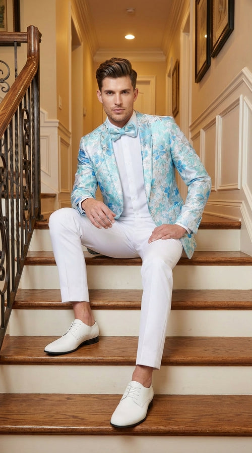 Mens Light Blue Floral Jacquard Tuxedo Jacket with Matching Bow Tie | Formal Prom Wedding Blazer + Bowtie Turqoise Aqua Color