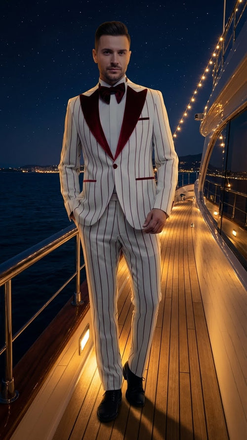 Mens White and Dark Red Pinstripe Tuxedo with Velvet Shawl Lapel Formal Dinner Blazer Prom Christmas New Year Holiday Suit