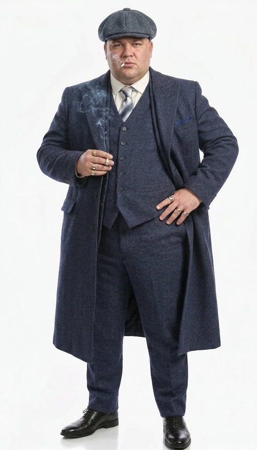 Men’s Navy Blue Herringbone Tweed 1920s 3 Piece Suit with Overcoat – Vintage Peaky Blinder Style Formal Suit Set with Blazer, Waistcoat + Overcoat + Hat