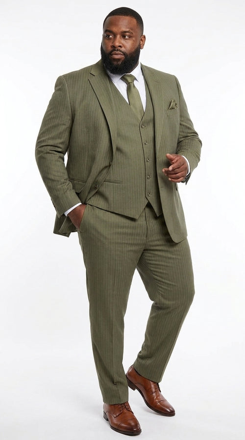 Men’s Olive Green Tone-on-Tone Shadow Pinstripe 3 Piece Suit – Modern Formal Suit with Vest Shadow Stripe