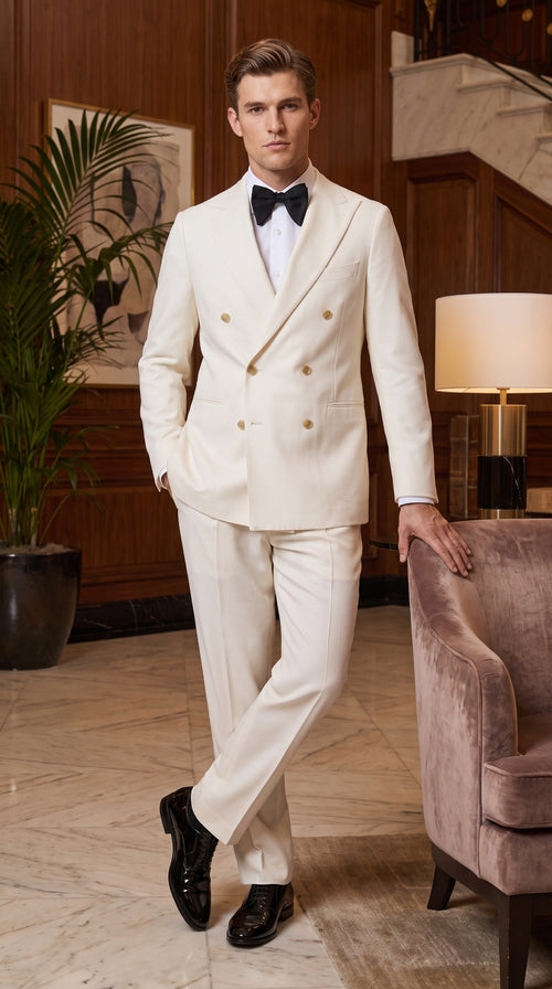 Men’s Ivory Double-Breasted Tuxedo – Gold Button Wedding, Prom and Formal Suit