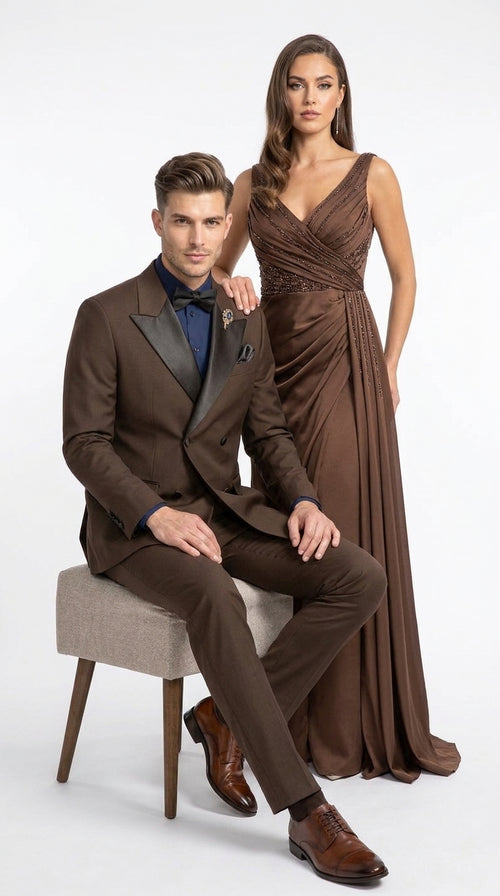 Men’s Brown Double Breasted Tuxedo – Satin Peak Lapel Formal Wedding & Prom Suit
