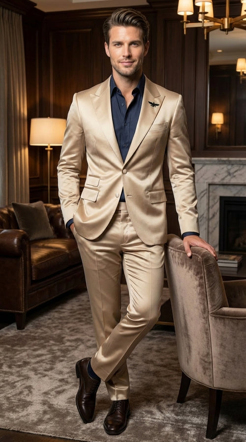 Mens Shiny Champagne Gold Two Piece Suit Luxury Formal Satin Finish Suit for Wedding, Party and Evening Wear